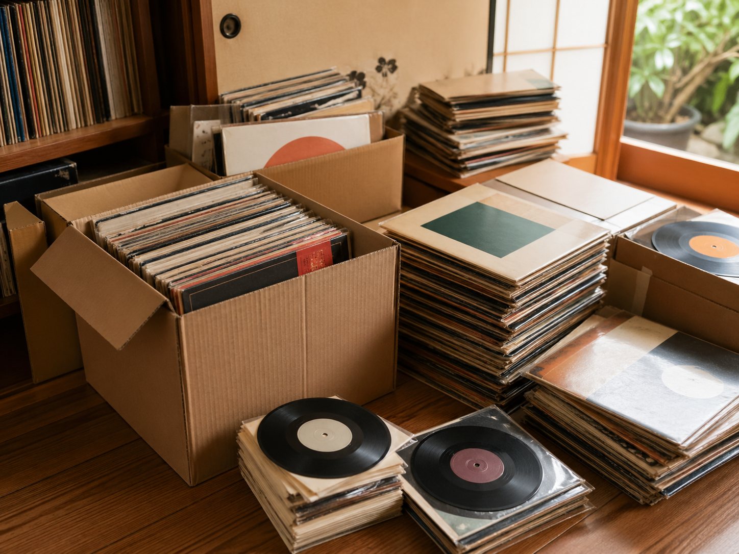 ワールドミュージックのレコードを査定している様子