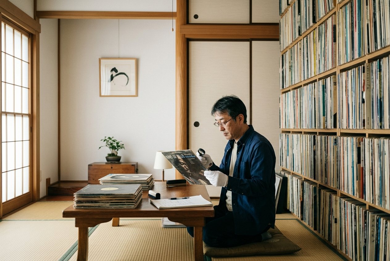 お客様のご自宅でレコードを一枚ずつ査定しているところ